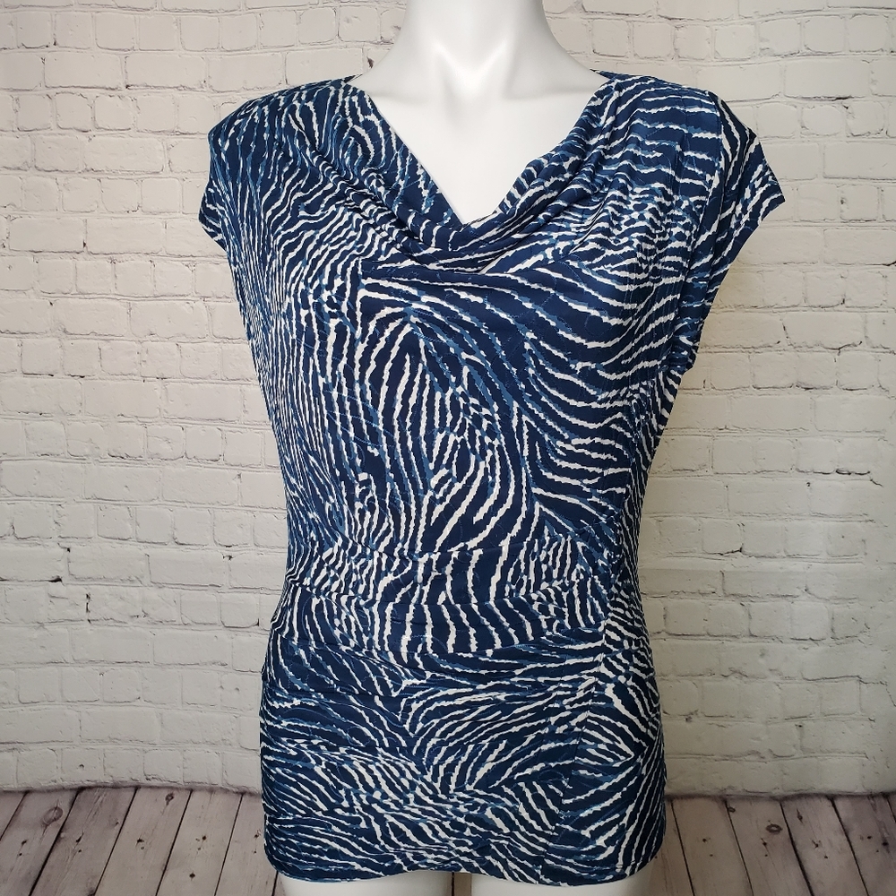 Rafaella Navy & Teal Cowl Neck Ruched Top Size S
